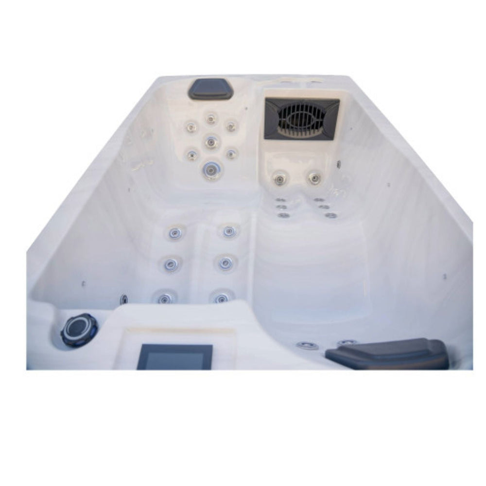 Luxury Spas Cascade WS-303 2-Person Hot Tub inside tub front view white background