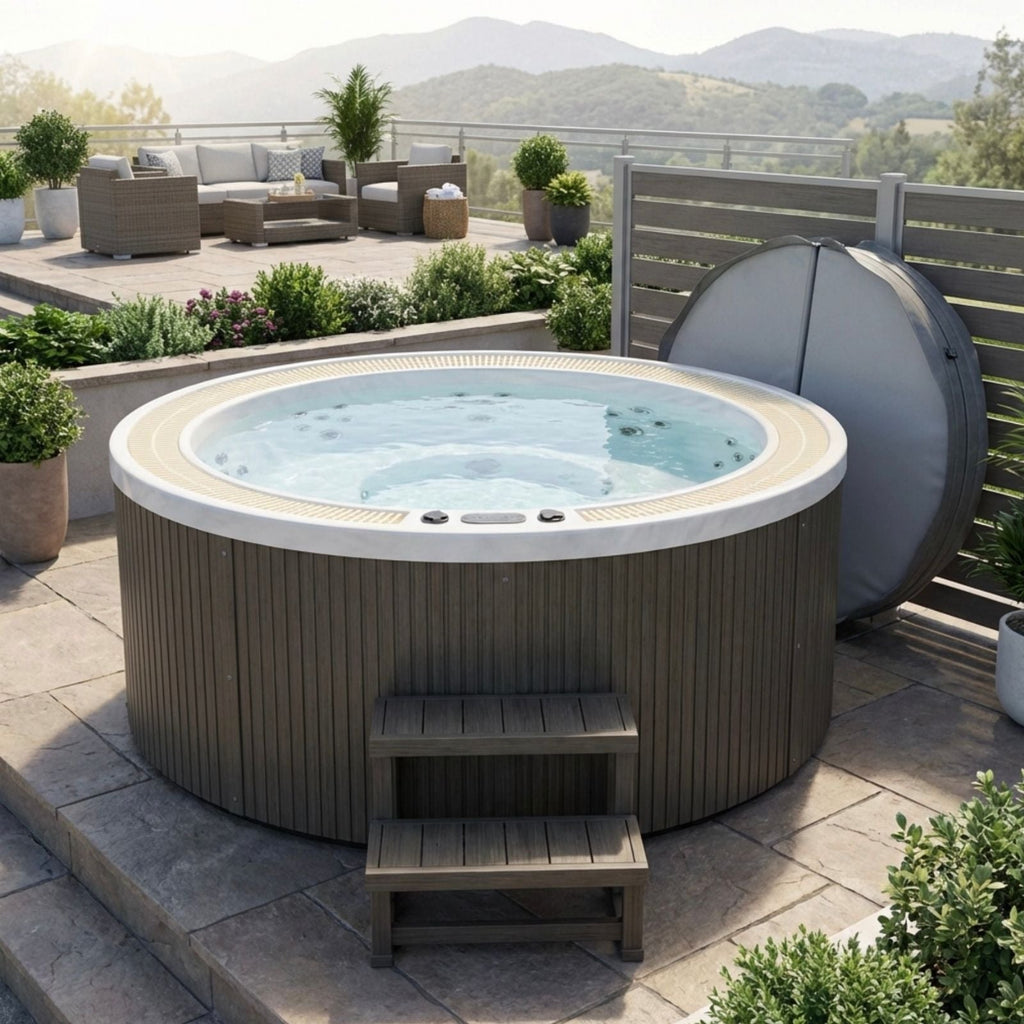 Round luxury spas oscar 6 person hot tub on a patio with outdoor furniture and plants
