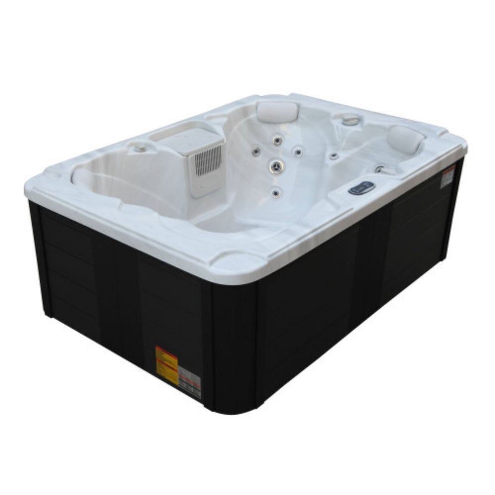 Luxury Spas Tahoe 4-person Hot tub with black exterior and white interior on a white background