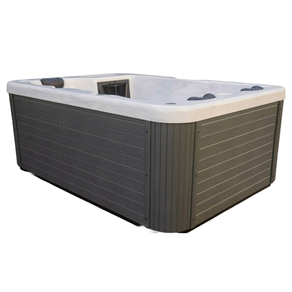 Luxury Spas Allure 3-Person Hot tub with gray exterior and beige interior on a white background
