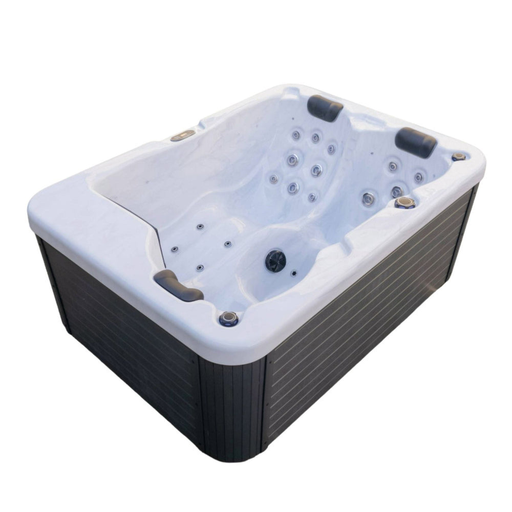 Luxury Spas Allure 3-Person  Hot tub with white interior and black exterior on a white background