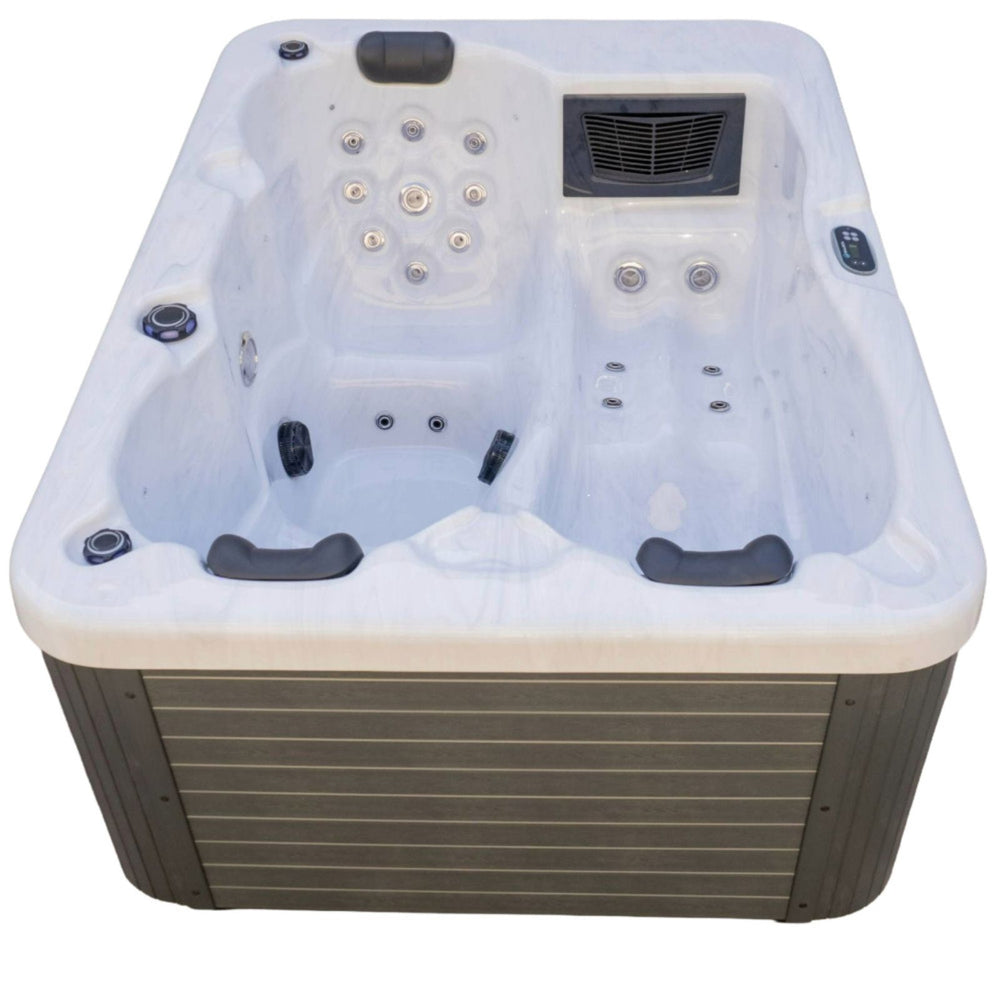 Luxury Spas Allure 3-Person Hot tub with a white interior and brown exterior on a white background