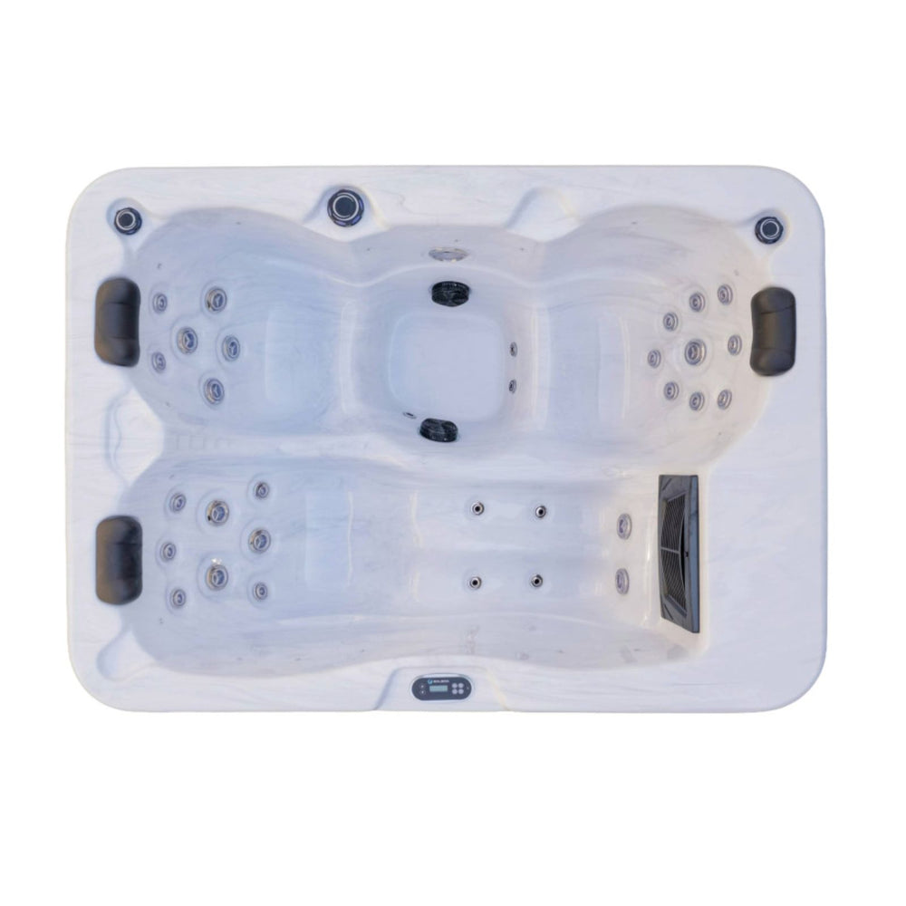 A top-down view of a Luxury Spas Allure 3-Person  hot tub with multiple jet nozzles and dark gray entryway covers, isolated on a white background.