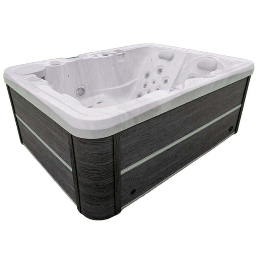 Luxury Spas Allure 3-Person Hot tub with gray exterior and white interior on a white background