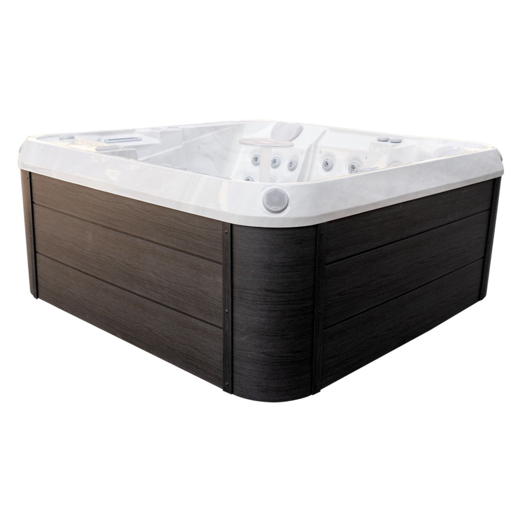 A Luxury Spas Liberty 5-Person spa hot tub with a dark brown wood-grain exterior and a white interior, shown on a plain white background.
