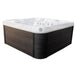 A Luxury Spas Liberty 5-Person spa hot tub with a dark brown wood-grain exterior and a white interior, shown on a plain white background.