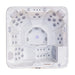 Top-down view of a white multi-seat Luxury Spas Liberty 5-Person hot tub with multiple jet nozzles and built-in lighting, isolated on a white background.