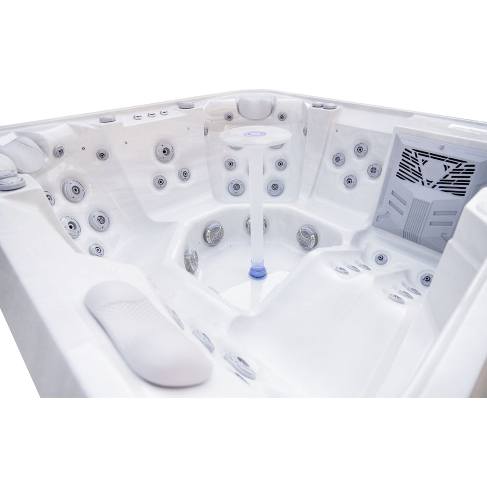 Luxury Spas Liberty 5-Person Hot tub with hydro massage jets and control panel on a white background