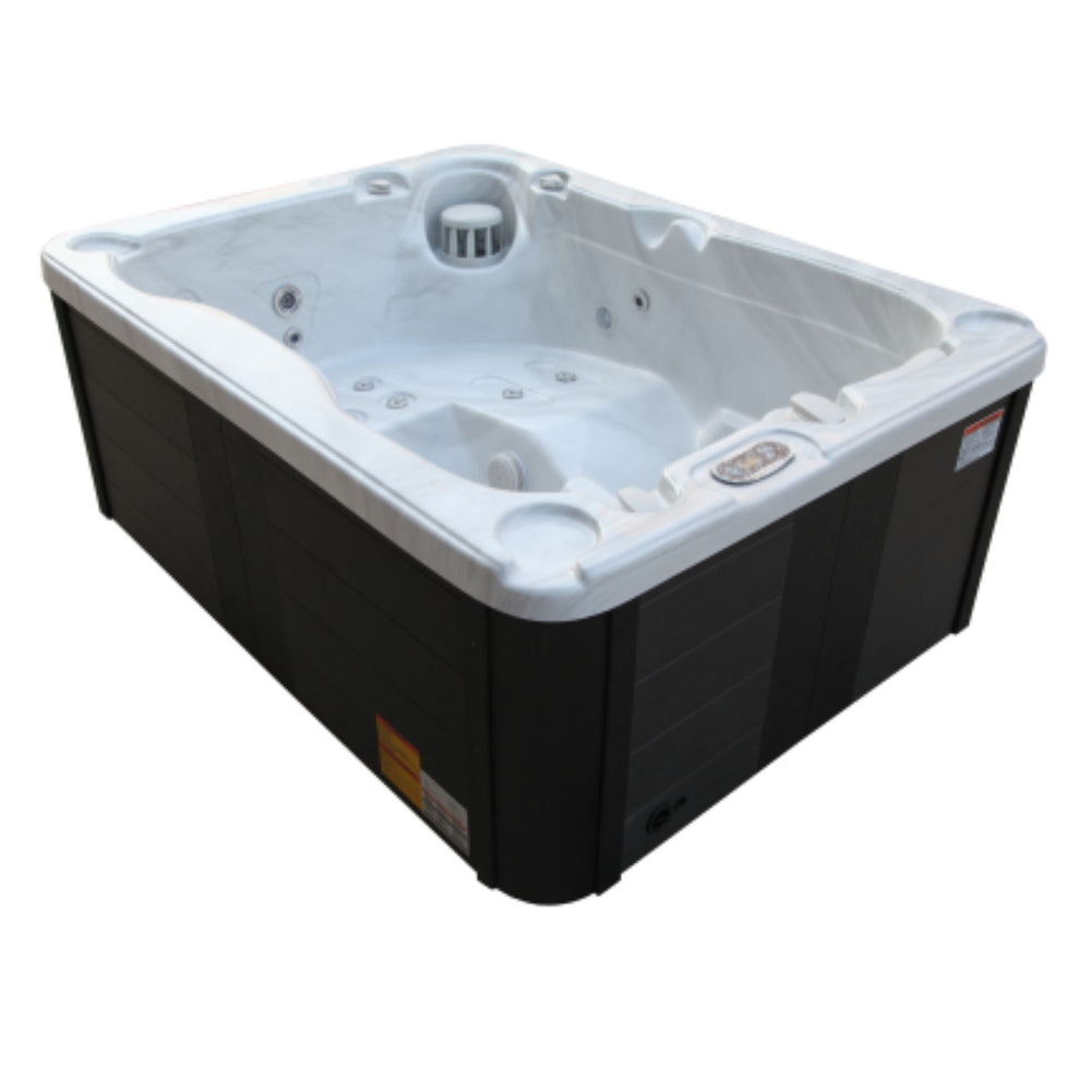 Luxury Spa  Solace 3- person Hybrid Hot tub with black exterior and white interior on a white background