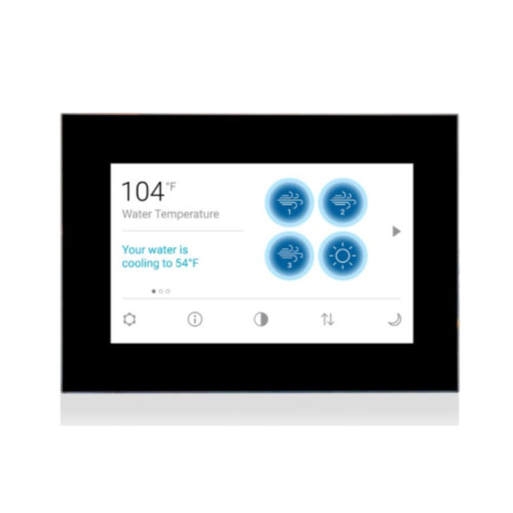 Luxury Spas Denali 7-Person Hot Tub Digital display showing water temperature control interface with icons and text.