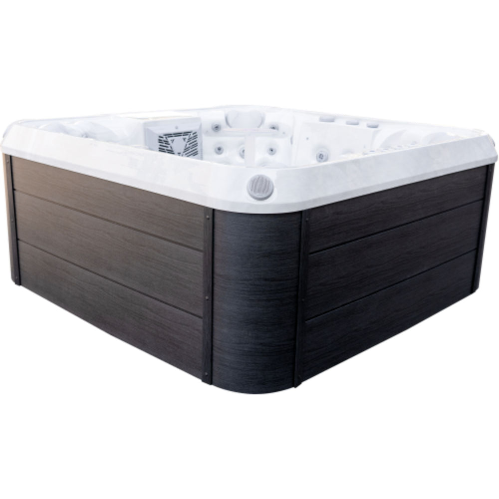 Luxury Spas Denali 7-Person Hot tub with wooden exterior and white interior on a white background