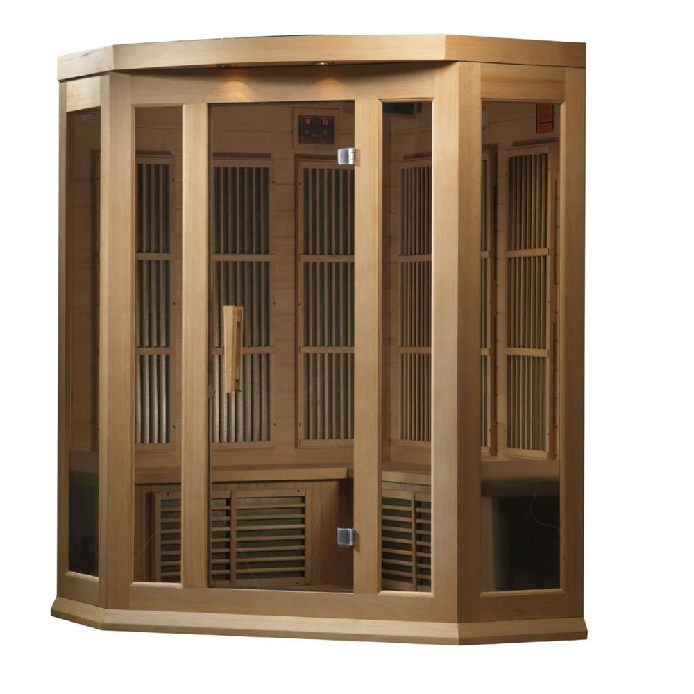 Maxxus 3 Per Corner Near Zero EMF FAR Infrared Canadian Hemlock Sauna, MX-K356-01 ZF front angle view.