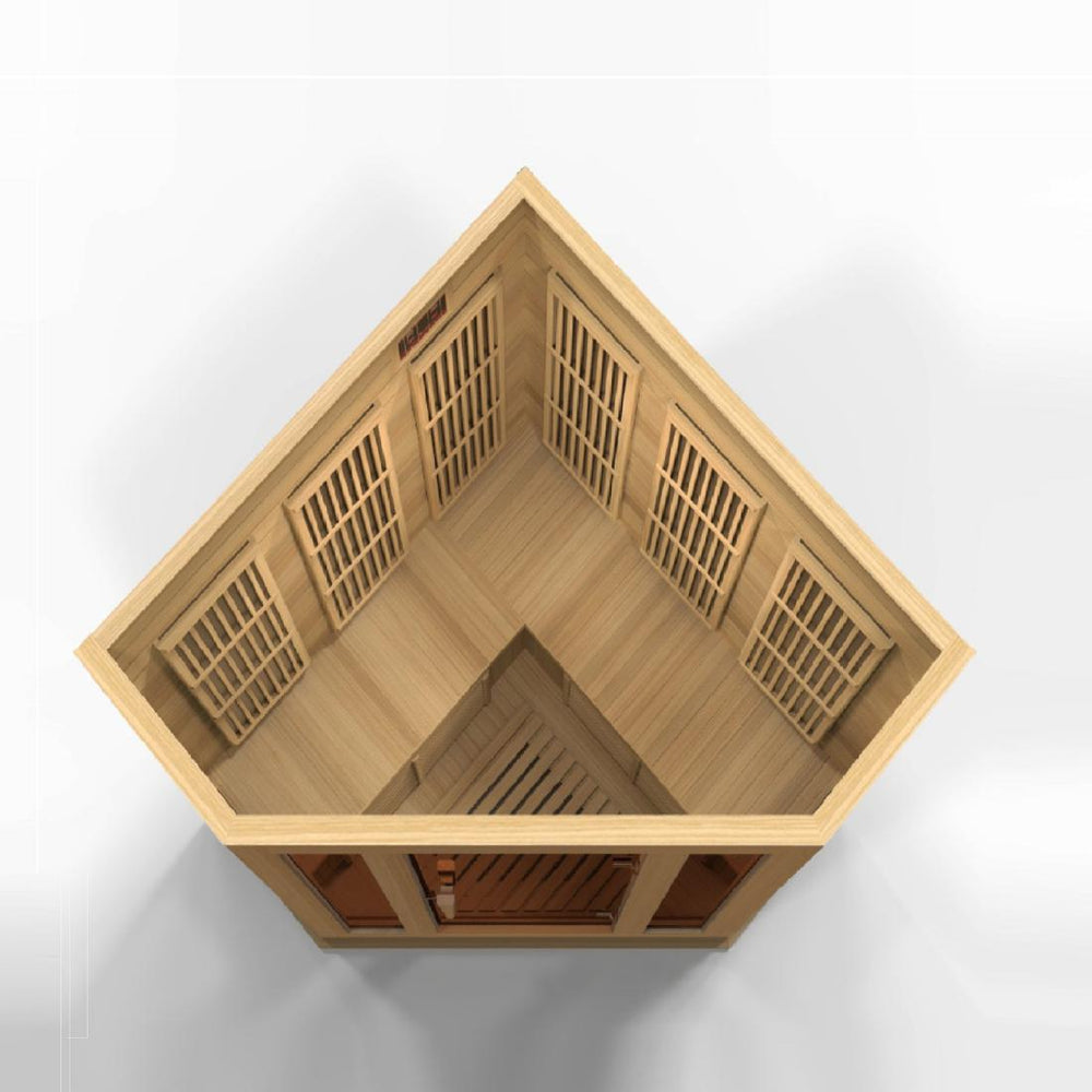 Maxxus 3 Per Corner Near Zero EMF FAR Infrared Canadian Hemlock Sauna, MX-K356-01 ZF top view angled to the front.