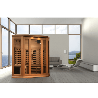 Maxxus 3-Person Corner Full Spectrum Near Zero EMF FAR Infrared Sauna MX-M356-01-FS CED Front View Indoor
