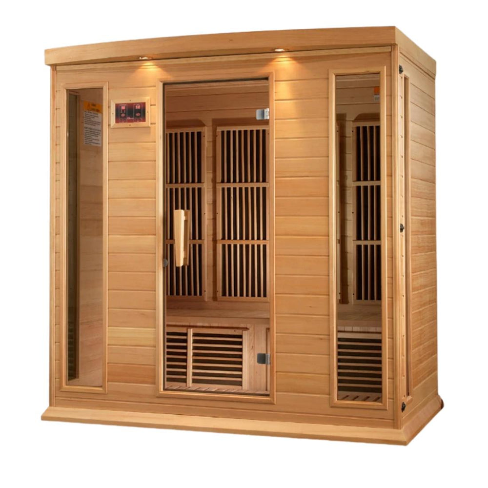 Maxxus 4 Per Near Zero EMF FAR Infrared Canadian Hemlock Sauna, MX-K406-01-ZF front angle.