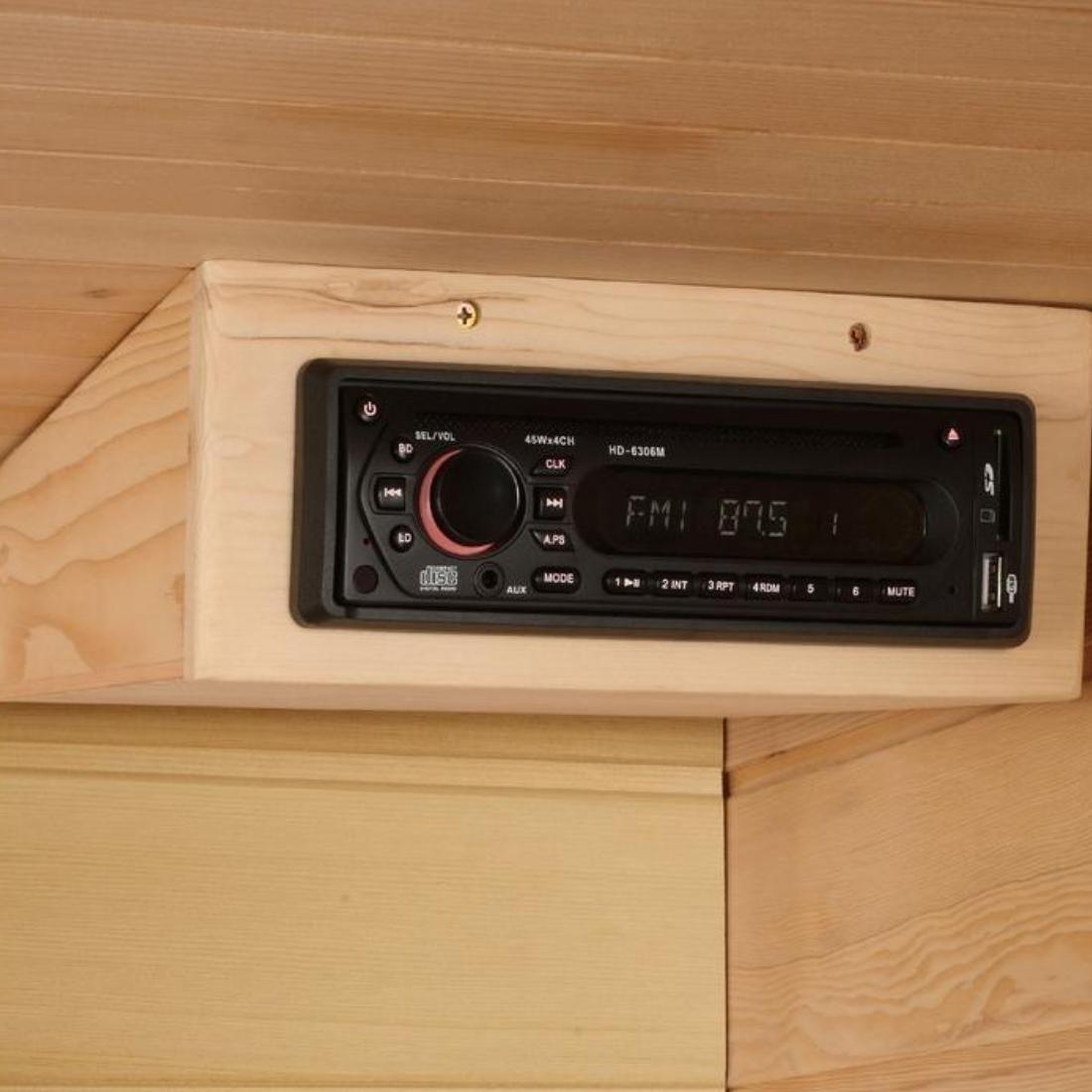 Maxxus 4 Per Near Zero EMF FAR Infrared Canadian Hemlock Sauna, MX-K406-01-ZF sound console.