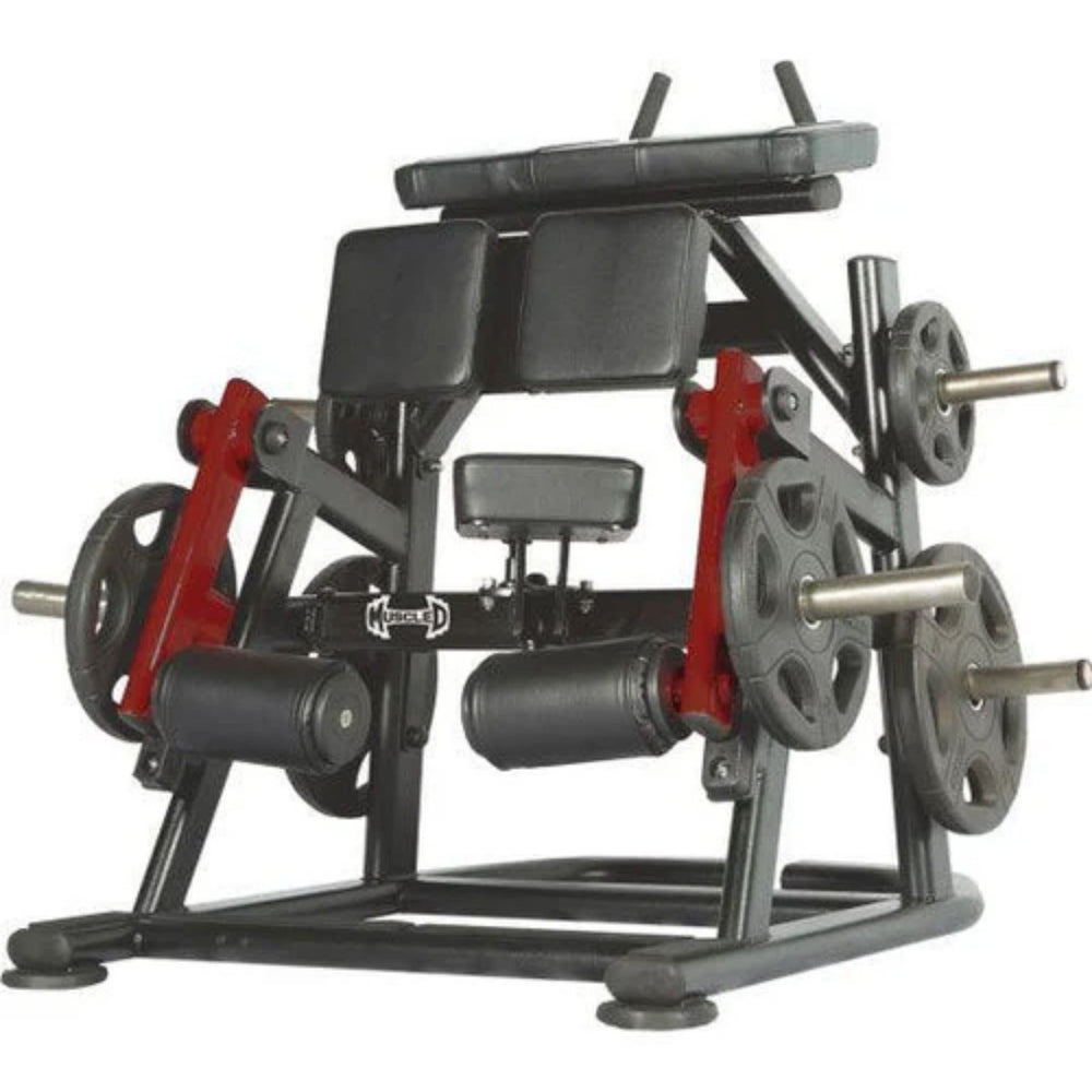 Pro Strength Kneeling Leg Curl - Muscle D Fitness - Plate Loaded Iso-Lateral Hamstring Machine. Fitness machine with red and black components on a white background