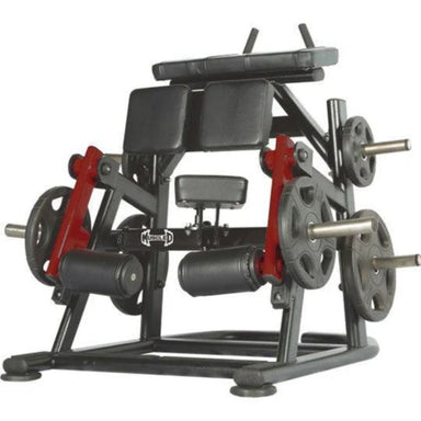 Pro Strength Kneeling Leg Curl - Muscle D Fitness - Plate Loaded Iso-Lateral Hamstring Machine. Fitness machine with red and black components on a white background