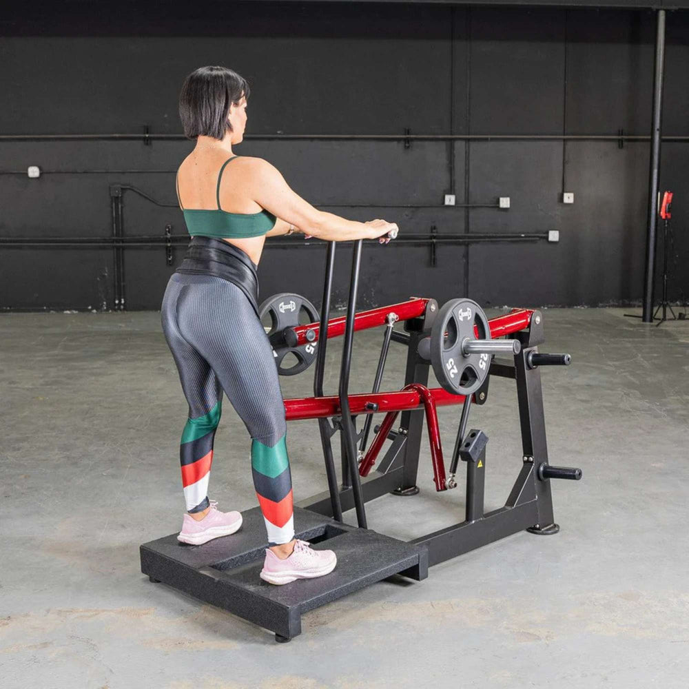 Rear view of Muscle D Power Leverage V2 Belt Squat PL-PV2-BS, showcasing ergonomic design and Olympic plate loading.