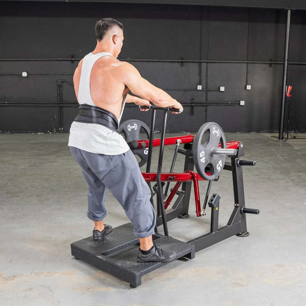 Muscle D Power-Leverage-V2 Belt Squat PL-PV2-BS rear stance with weighted belt setup.