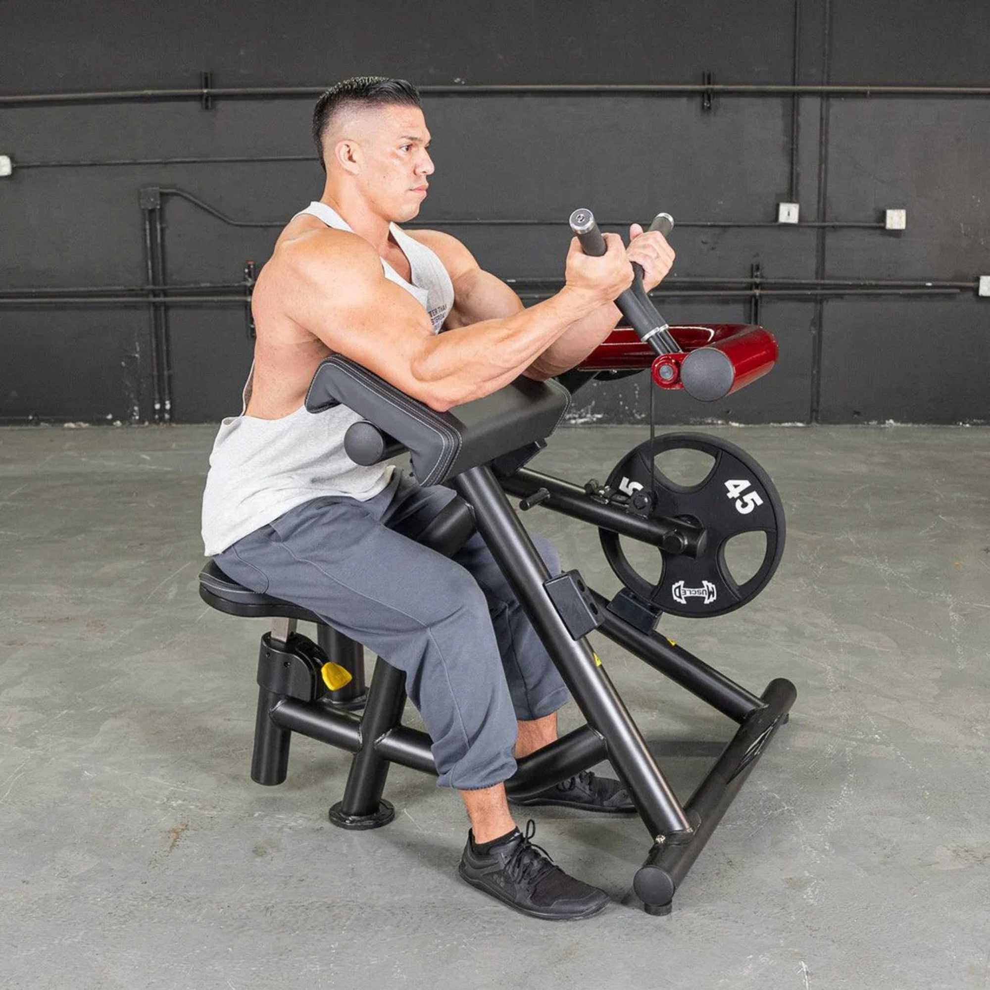 Person using the Muscle D Power Leverage V2 Biceps Curl / Preacher Curl with 45 lb urethane-coated Olympic plates, showing arm action shot.