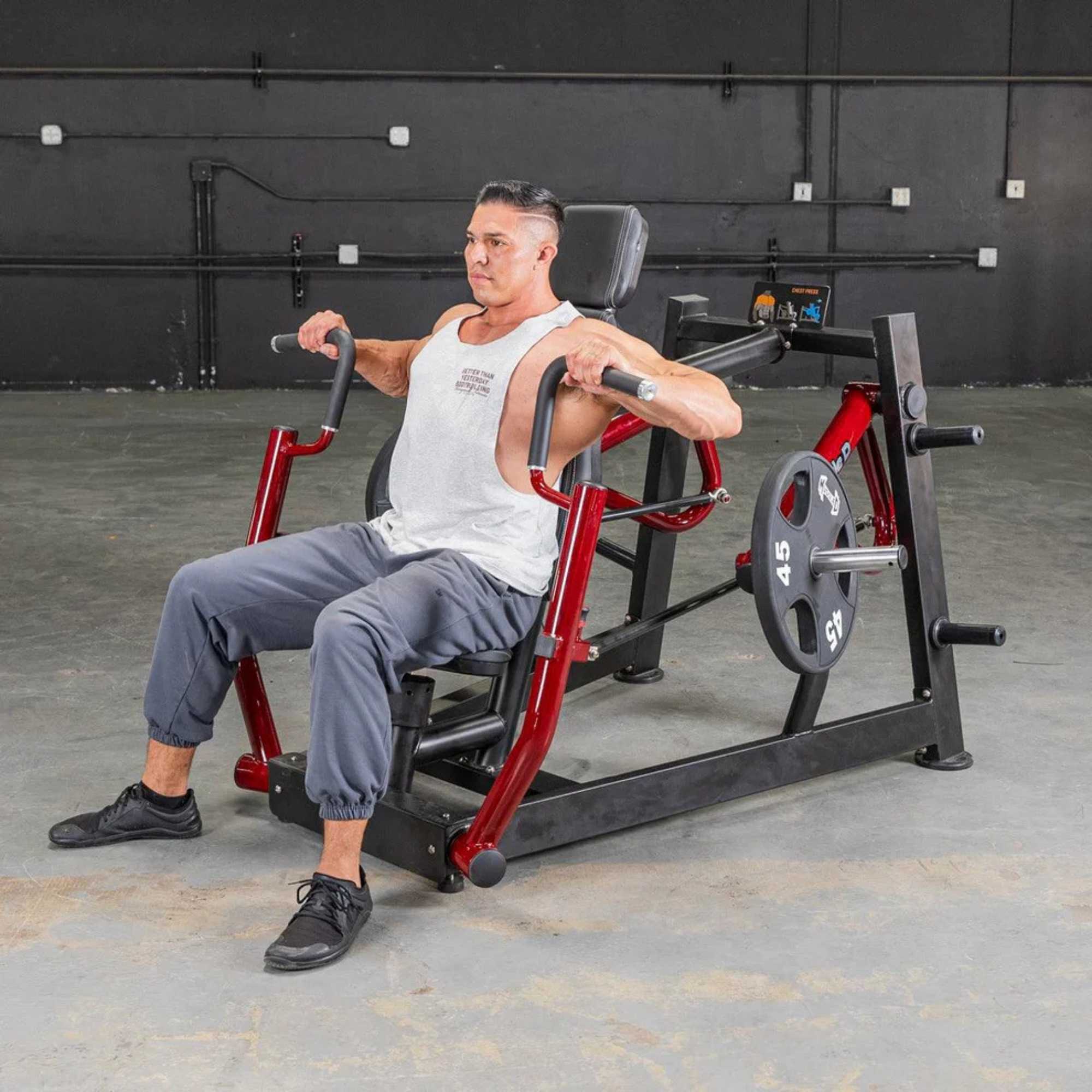 Muscle D Power Leverage V2 Chest Press Machine PL-PV2-CP - Start position of weighted chest press workout.