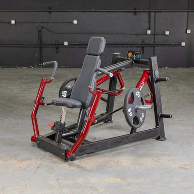 Full side view of the Muscle D  Power Leverage V2 Chest Press, displaying the seat and weight plates in the rest position.