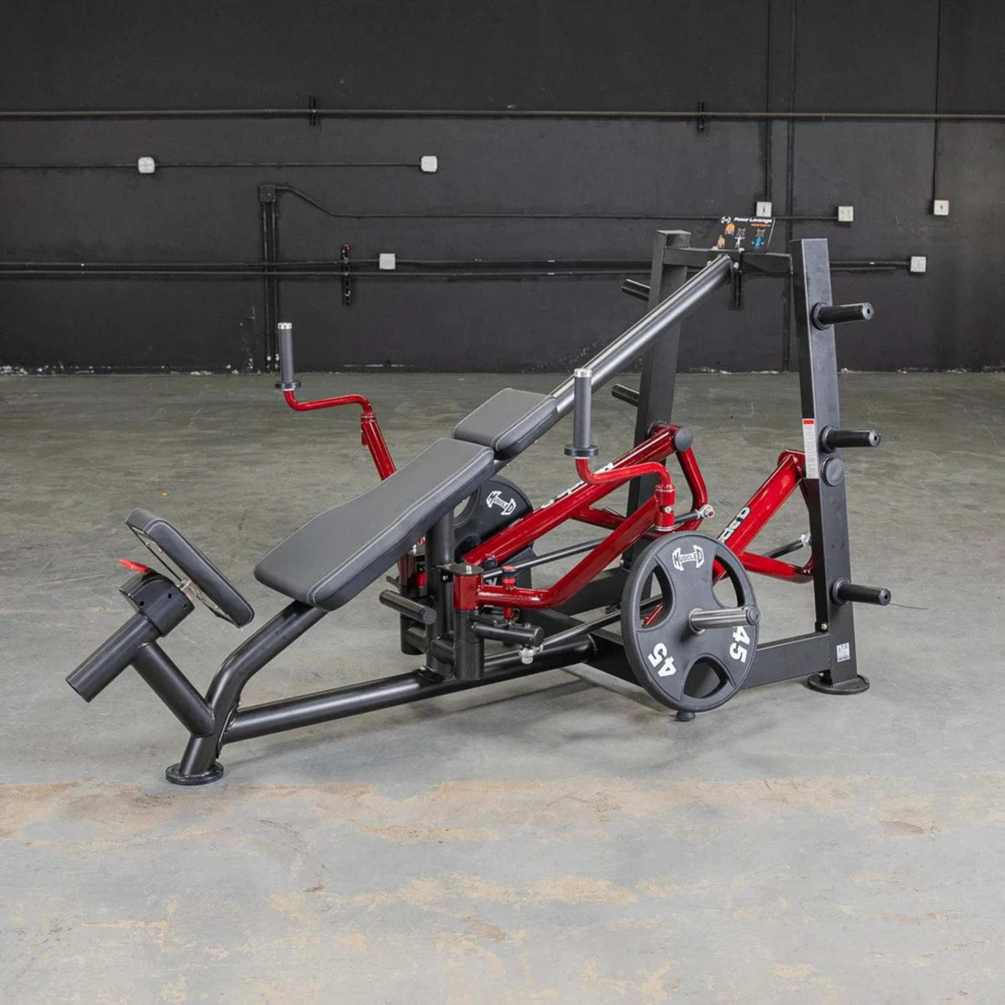 Full side view of the Muscle D Power Leverage V2 Decline Chest Fly / Most Muscular Machine, displaying the seat and weight plates in the rest position.