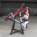 Muscle D Power Leverage V2 Iso-Lateral Lat Pulldown machine showcasing a single-arm lat pulldown with 25-lb Olympic plates.