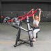 Muscle D Power Leverage V2 Iso-Lateral Lat Pulldown with 25-lb Olympic plates during a wide-grip lat pulldown exercise.