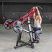 Muscle D Power Leverage V2 Iso-Lateral Lat Pulldown with 45-lb Olympic plates, showcasing a wide-grip pulldown in action