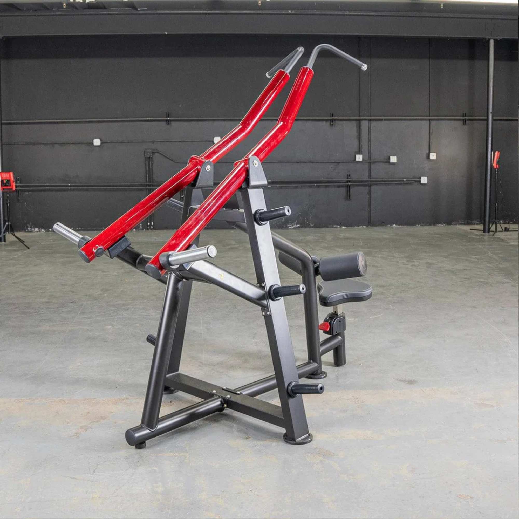 Side view of the Muscle D Power Leverage V2 Iso-Lateral Lat Pulldown Machine by Muscle D Fitness highlighting its sleek design and integrated plate storage.
