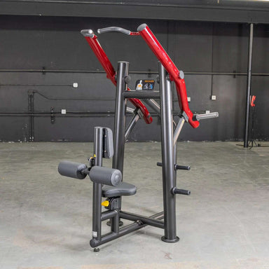 Side view of the Muscle D Power Leverage V2 Reverse Grip Lat Pulldown with a user-ready seat and handles, displaying the machine setup.