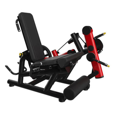 3D rendering of the Muscle D Power Leverage V2 Seated Leg Extension / Prone Leg Curl Combo  without a background, showcasing the machine’s design.
