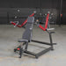 Full side view of the Muscle D Power Leverage V2 Shoulder Press, displaying the seat and weight plates in the rest position.