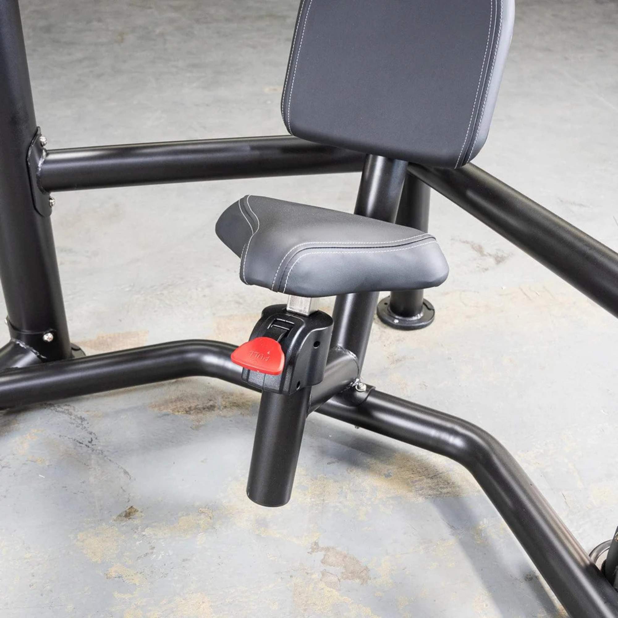 Close-up of the adjustable seat and backrest on the Power Leverage V2 Decline Chest Press
