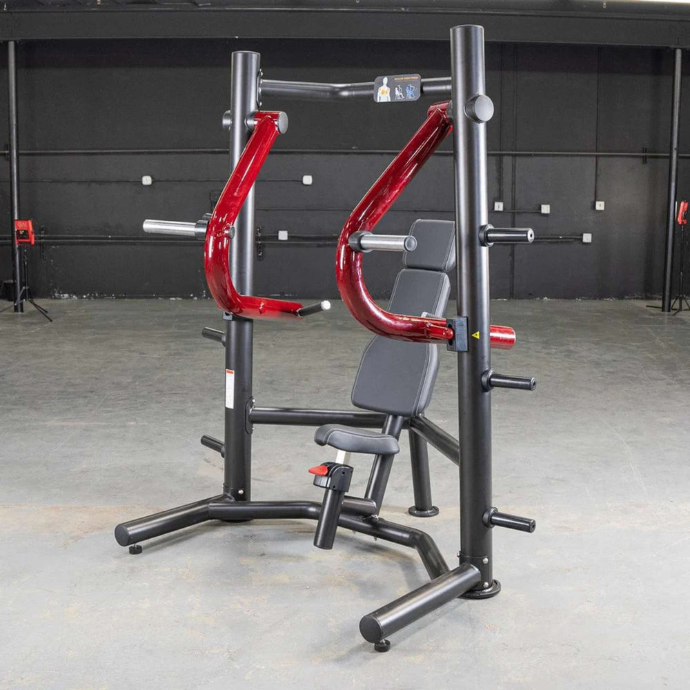 Side view of the Power Leverage V2 Decline Chest Press with a user-ready seat and handles, displaying the machine setup.
