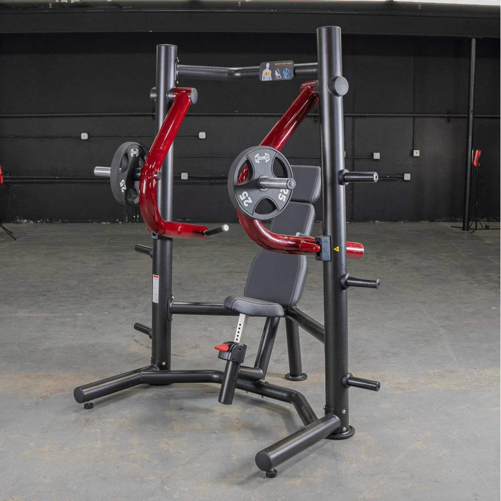 Full side view of the Power Leverage V2 Decline Chest Press, displaying the seat and weight plates in the rest position.