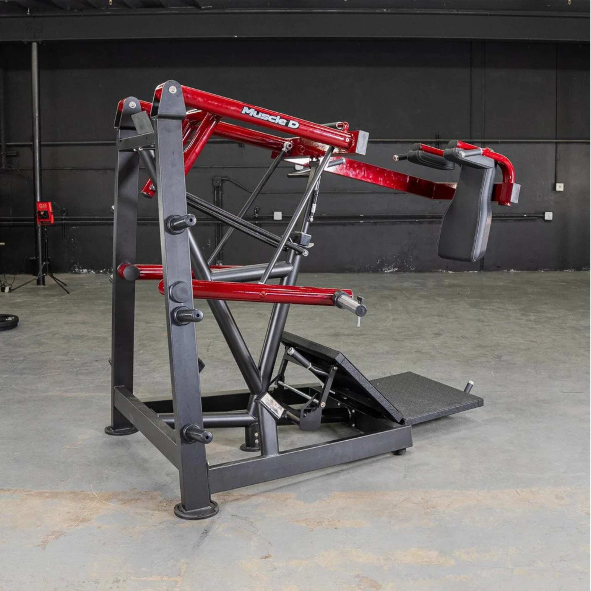 Full side view of the Power Leverage V2 Pendulum Squat PL-PV2-PS, displaying the seat and weight plates in the rest position.