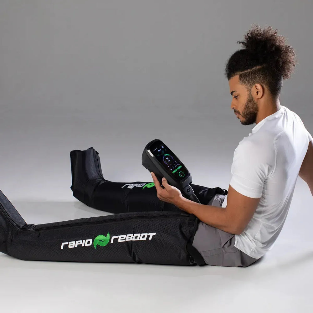 Person using a device on a 'Rapid Reboot' product against a gray background
