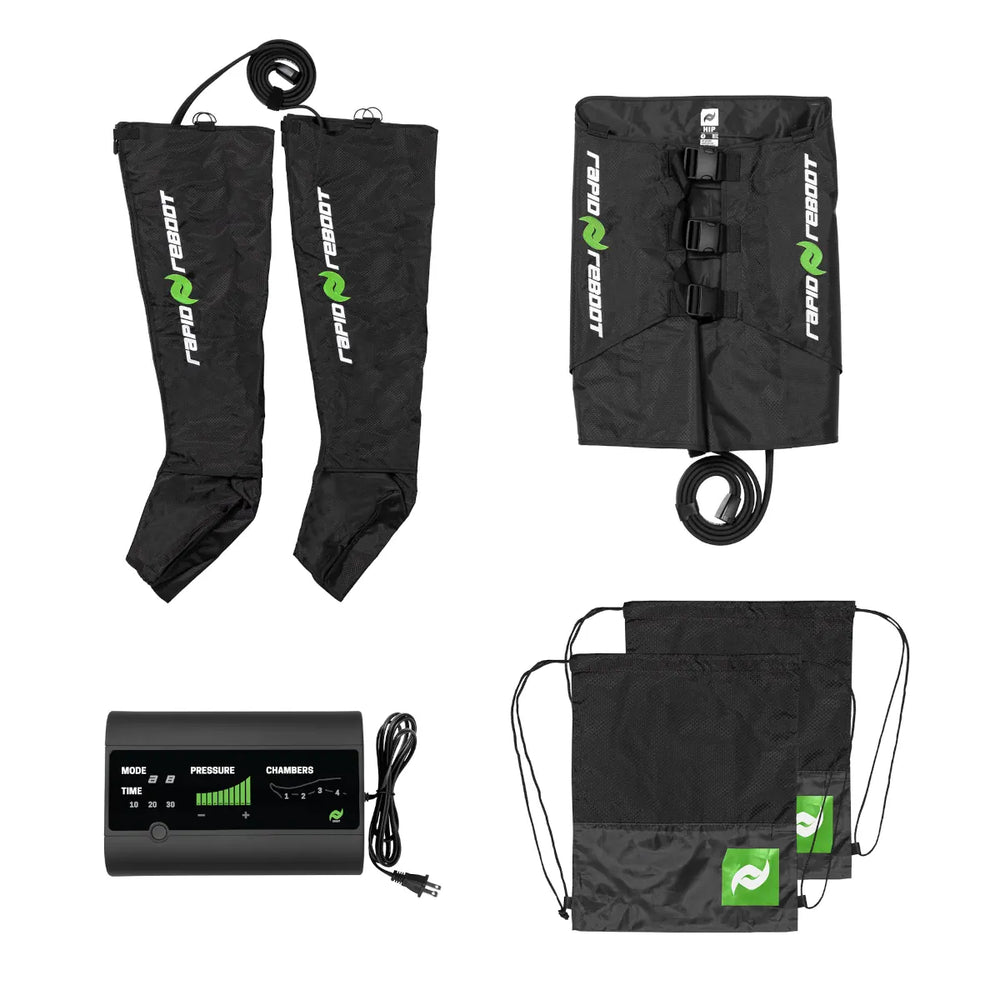 Rapid Reboot Black compression leg sleeves with green logo, black compression wrap, black electronic device, and black drawstring bag with green logo on a white background.