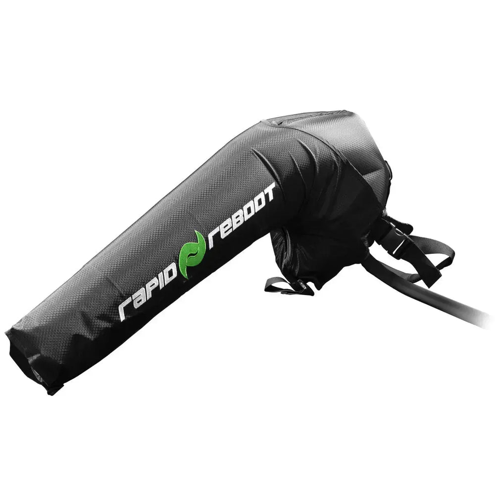 Black inflatable raft with 'Rapid Reboot' branding on a white background