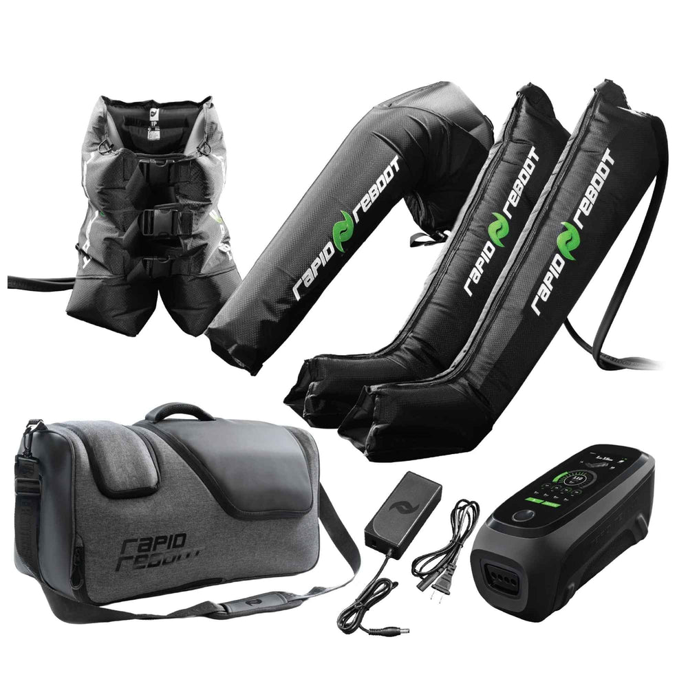 Collection of Rapid Reboot products including vests, bags, and electronic devices on a white background.