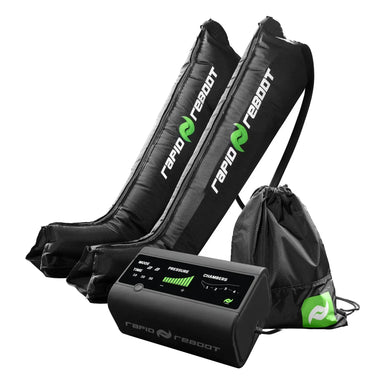 Rapid Reboot Black compression boots with digital display control device and Rapid Reboot branding on a white background