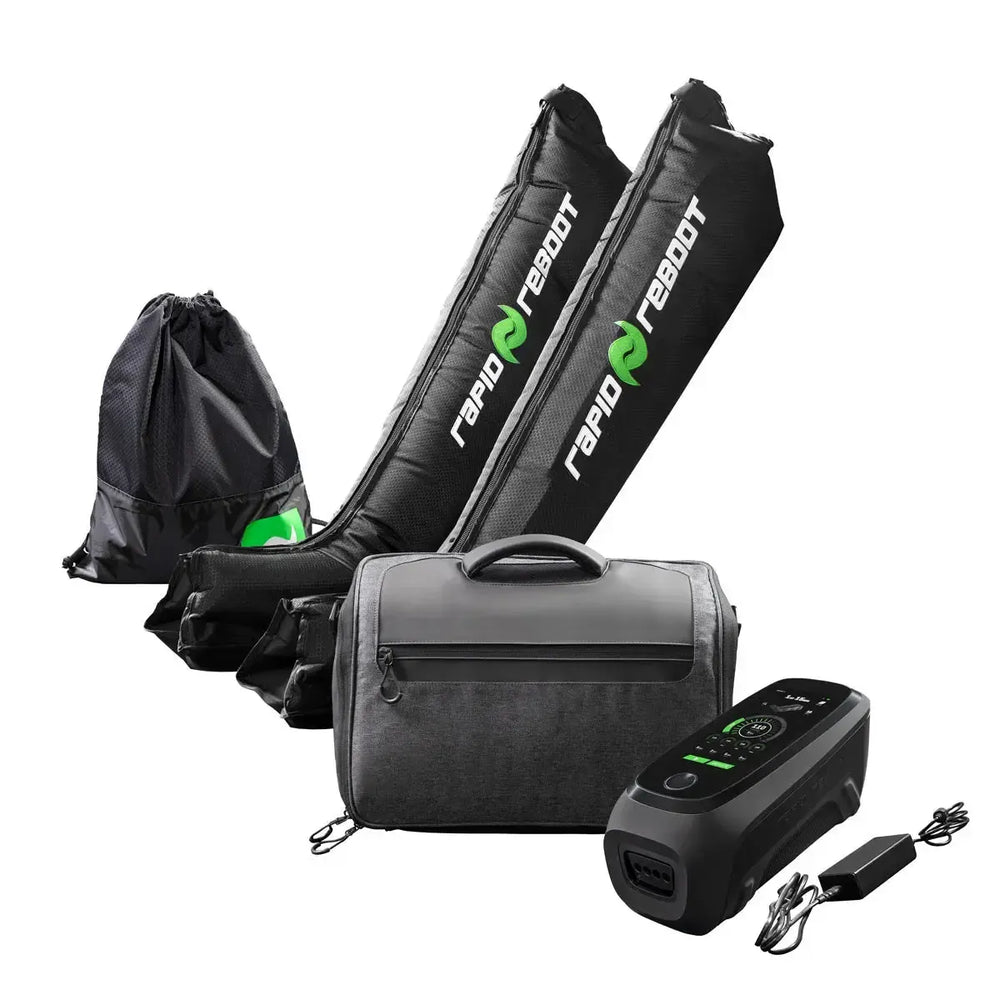 Set of black compression boots with Rapid Reseat branding, carrying bag, and control device on a white background.