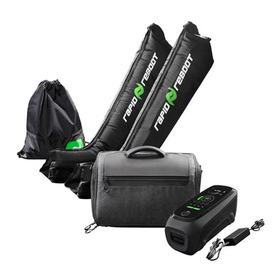 Set of black compression boots with Rapid Reseat branding, carrying bag, and control device on a white background.
