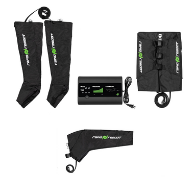 Compression therapy device with leg, hip, sleeves, and a control panel on a white background