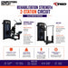 TKO Rehabilitation Strength 2-Station Circuit Selectored Package, showing ab crunch and multi hip gym machines with feature callouts and benefit icons on a white background.