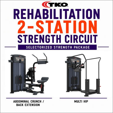 TKO Rehabilitation 2-Station Strength Circuit selectorized strength package, featuring two black and gray gym machines labeled 'Abdominal Crunch / Back Extension' and 'Multi Hip' on a white background with large product title text at the top.