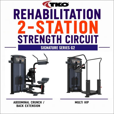 TKO Rehabilitation 2-Station Strength Circuit Signature Series G2, showing two black and gray gym machines on a white background with large purple and orange text.